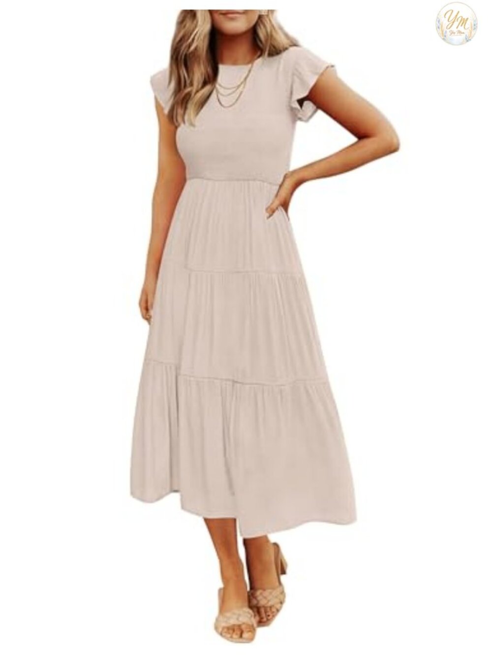 Flutter Short Sleeve Smocked Midi Dress - Cottagecore Casual Maternity